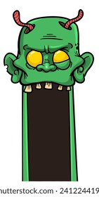 Cartoon funny green zombie character design with scary face expression. Halloween illustration