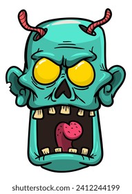 Cartoon funny green zombie character design with scary face expression. Halloween illustration