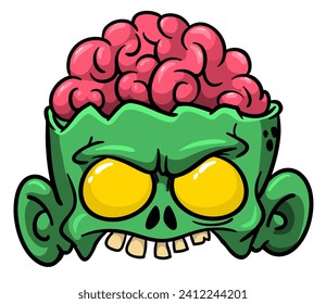 Cartoon funny green zombie character design with scary face expression. Halloween illustration