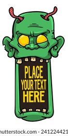 Cartoon funny green zombie character design with scary face expression. Halloween illustration