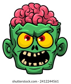 Cartoon funny green zombie character design with scary face expression. Halloween illustration