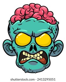 Cartoon funny green zombie character design with scary face expression. Halloween illustration