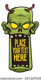 Cartoon funny green zombie character design with scary face expression. Halloween illustration