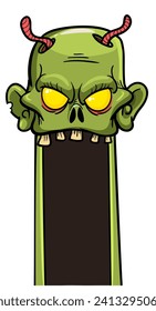 Cartoon funny green zombie character design with scary face expression. Halloween illustration