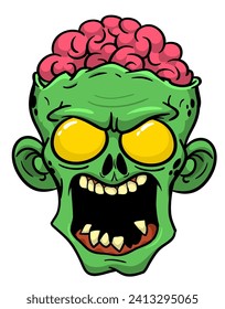 Cartoon funny green zombie character design with scary face expression. Halloween illustration