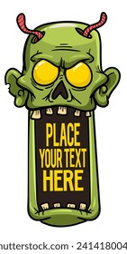 Cartoon funny green zombie character design with scary face expression. Halloween illustration