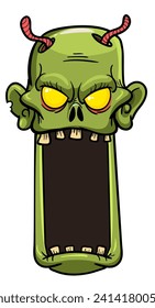 Cartoon funny green zombie character design with scary face expression. Halloween illustration