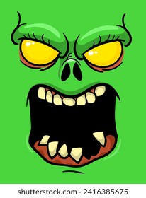 Cartoon funny green zombie character design with scary face expression. Halloween illustration