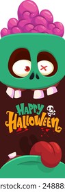 Dibujos animados divertido diseño de personaje zombi verde con expresión de cara de miedo y cerebros rosas hacia fuera. Ilustración vectorial de Halloween aislada en blanco. Invitación de fiesta, diseño de paquete.