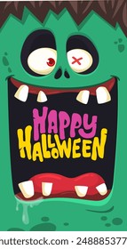 Dibujos animados divertido diseño de personaje zombi verde con expresión de cara de miedo y cerebros rosas hacia fuera. Ilustración vectorial de Halloween aislada en blanco. Invitación de fiesta, diseño de paquete.