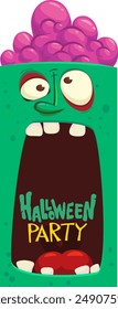 Dibujos animados divertido diseño de personaje zombi verde con expresión de cara de miedo y cerebros rosas hacia fuera. Ilustración vectorial de Halloween aislada en blanco. Invitación de fiesta, diseño de paquete.