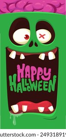 Dibujos animados divertido diseño de personaje zombi verde con expresión de cara de miedo y cerebros rosas hacia fuera. Ilustración vectorial de Halloween aislada en blanco. Invitación de fiesta, diseño de paquete.