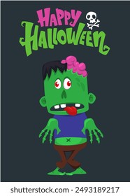 Dibujos animados divertido diseño de personaje zombi verde con expresión de cara de miedo y cerebros rosas hacia fuera. Ilustración vectorial de Halloween aislada en blanco. Invitación de fiesta, diseño de paquete.