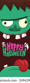 Cartoon funny green zombie character design with scary face expression and pink brains out. Halloween vector illustration isolated on white. Party invitation, package design.