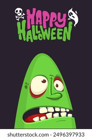 Cartoon funny green zombie character design with scary face expression and pink brains out. Halloween vector illustration isolated on white. Party invitation, package design.