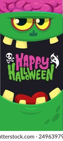 Cartoon funny green zombie character design with scary face expression and pink. Halloween vector illustration.