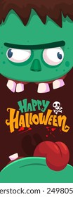 Cartoon funny green zombie character design with scary face expression and pink brains out. Halloween vector illustration isolated on white. Party invitation, package design.