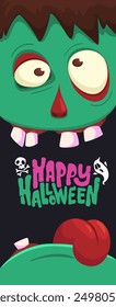 Cartoon funny green zombie character design with scary face expression and pink brains out. Halloween vector illustration isolated on white. Party invitation, package design.