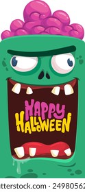 Cartoon funny green zombie character design with scary face expression and pink brains out. Halloween vector illustration isolated on white. Party invitation, package design.