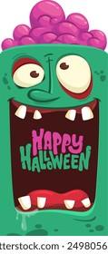 Cartoon funny green zombie character design with scary face expression and pink brains out. Halloween vector illustration isolated on white. Party invitation, package design.