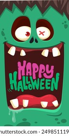 Cartoon funny green zombie character design with scary face expression and pink brains out. Halloween vector illustration isolated on white. Party invitation, package design.