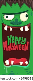 Cartoon funny green zombie character design with scary face expression and pink brains out. Halloween vector illustration isolated on white. Party invitation, package design.