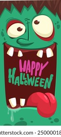 Cartoon funny green zombie character design with scary face expression. Halloween vector illustration isolated on white. Party poster, package design.