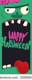 Cartoon funny green zombie character design with scary face expression. Halloween vector illustration isolated on white. Party poster, package design.