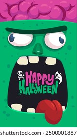 Divertido diseño de personaje zombi verde de dibujos animados con expresión de cara de miedo. Ilustración vectorial de Halloween aislada en blanco. Cartel del partido, diseño del paquete.