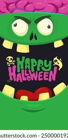 Cartoon funny green zombie character design with scary face expression. Halloween vector illustration isolated on white. Party poster, package design.