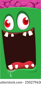 Cartoon funny green zombie character design with scary face expression and pink brain. Halloween vector illustration