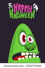 Cartoon funny green zombie character design with scary face expression and pink brain. Halloween vector illustration