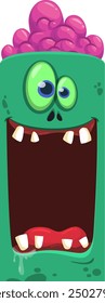 Cartoon funny green zombie character design with scary face expression and pink brain. Halloween vector illustration