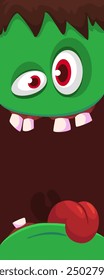 Cartoon funny green zombie character design with scary face expression and pink brain. Halloween vector illustration