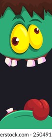 Cartoon funny green zombie character design with scary face expression and pink brain. Halloween vector illustration