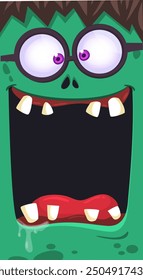 Cartoon funny green zombie character design with scary face expression and pink brain. Halloween vector illustration