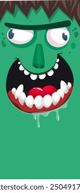 Cartoon funny green zombie character design with scary face expression and pink brain. Halloween vector illustration