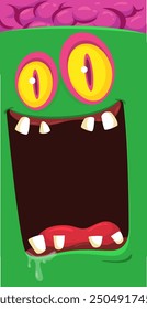 Cartoon funny green zombie character design with scary face expression and pink brain. Halloween vector illustration