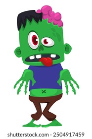 Cartoon funny green zombie character design with scary face expression and pink brain. Halloween vector illustration