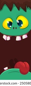 Cartoon funny green zombie character design with scary face expression and pink brain. Halloween vector illustration