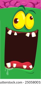 Cartoon funny green zombie character design with scary face expression and pink brain. Halloween vector illustration