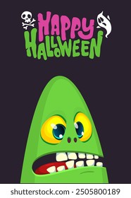 Cartoon funny green zombie character design with scary face expression and pink brain. Halloween vector illustration