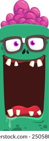 Cartoon funny green zombie character design with scary face expression and pink brain. Halloween vector illustration