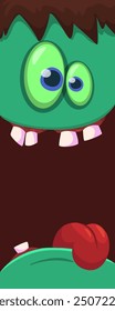 Cartoon funny green zombie character design with scary face expression and pink brain. Halloween vector illustration