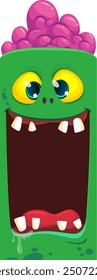 Cartoon funny green zombie character design with scary face expression and pink brain. Halloween vector illustration