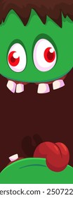 Cartoon funny green zombie character design with scary face expression and pink brain. Halloween vector illustration