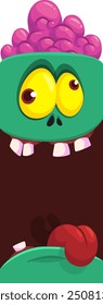 Cartoon funny green zombie character design with scary face expression and pink brain. Halloween vector illustration