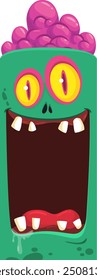 Cartoon funny green zombie character design with scary face expression and pink brain. Halloween vector illustration