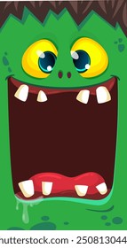 Cartoon funny green zombie character design with scary face expression and pink brain. Halloween vector illustration