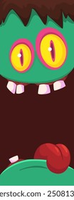 Cartoon funny green zombie character design with scary face expression and pink brain. Halloween vector illustration